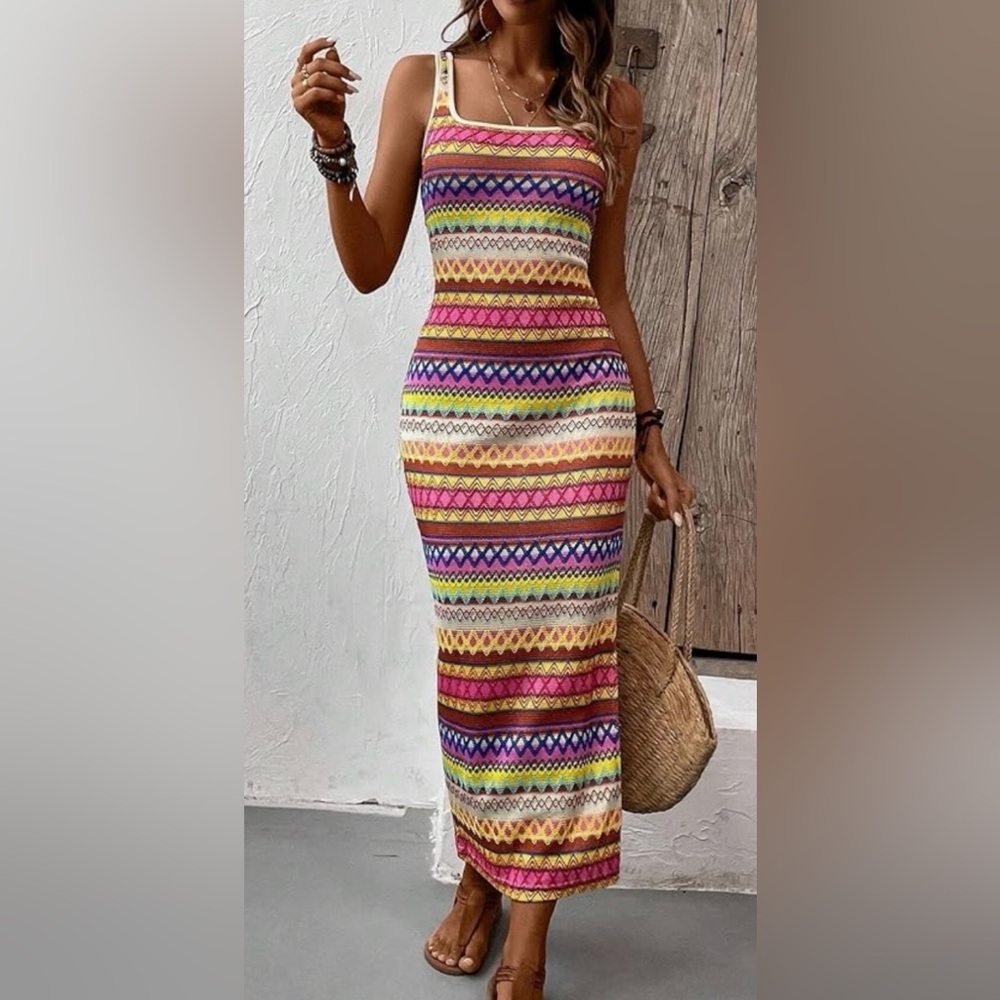 Sleeveless Slit long Dress by Fashion Sz L multicolor NWT